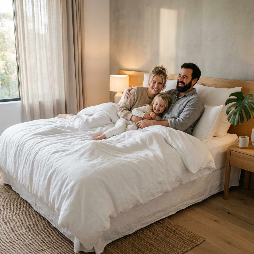 Familia feliz en la cama